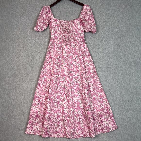 O.P.T Pink Floral Square Neck Short Puff Sleeve Midi Dress Size Small - Picture 6 of 11